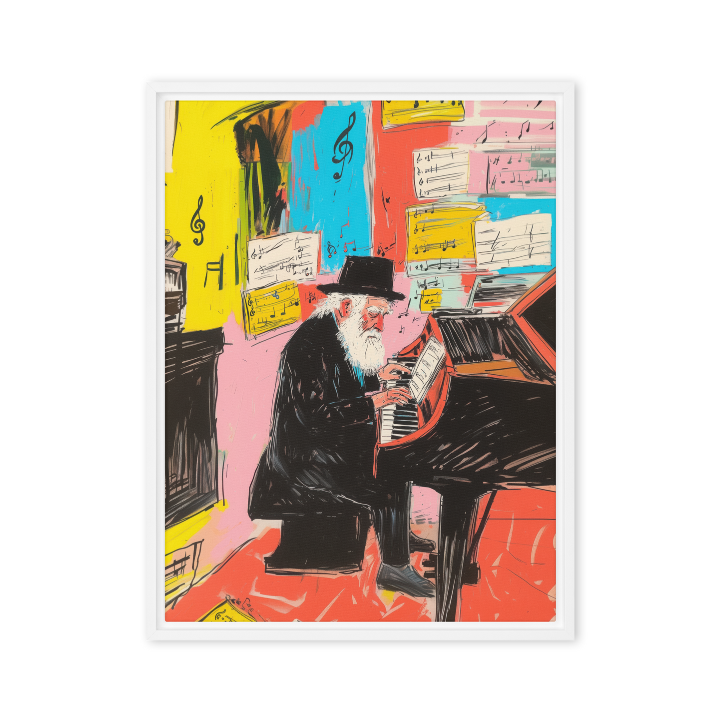 A mesmerizing Judaica painting of a Chassidic rabbi lost in piano melodies, with colors and notes dancing around him in artistic harmony.