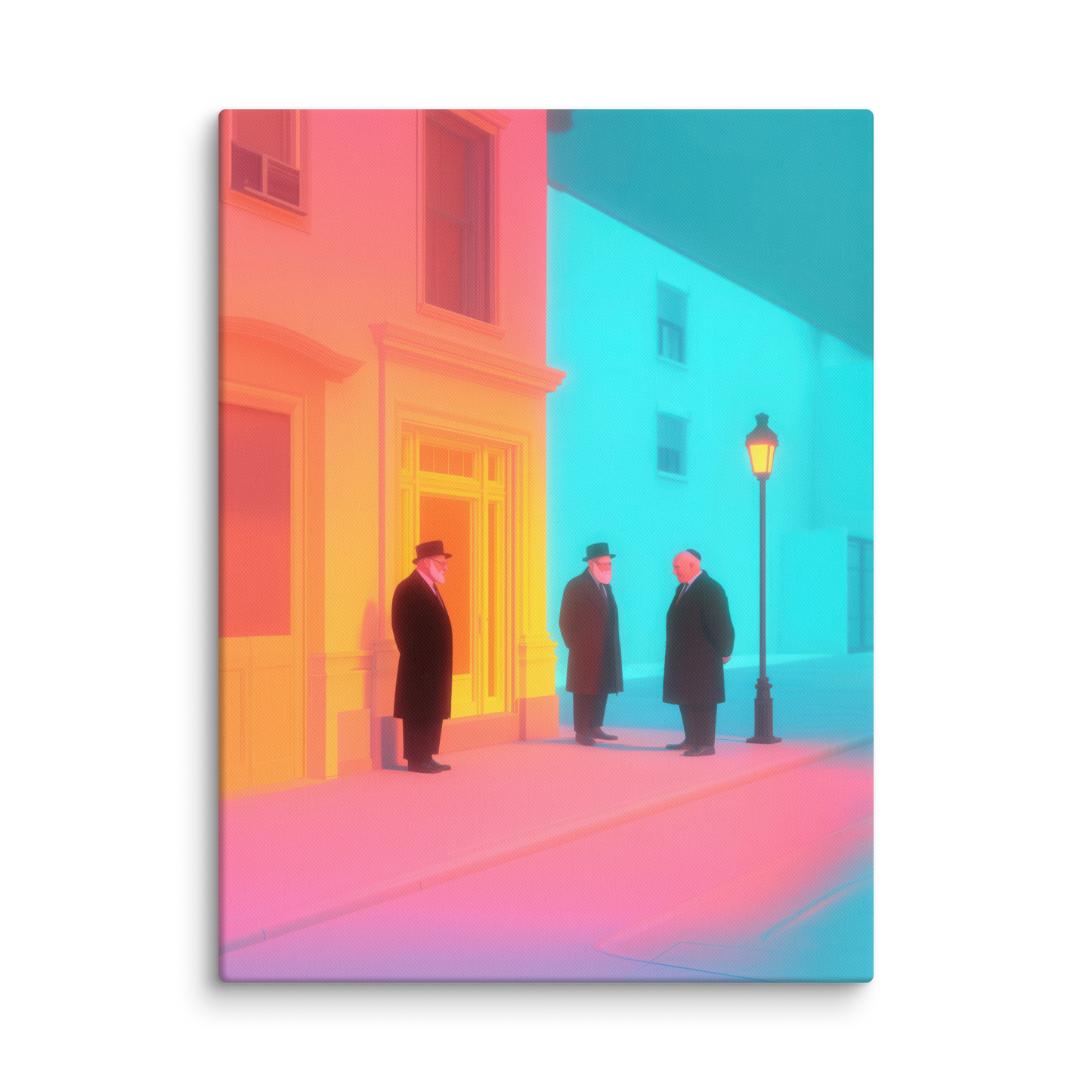A striking Jewish artwork capturing the quiet glow of midnight Torah learning outside a shul, blending spirituality with modern neon aesthetics.