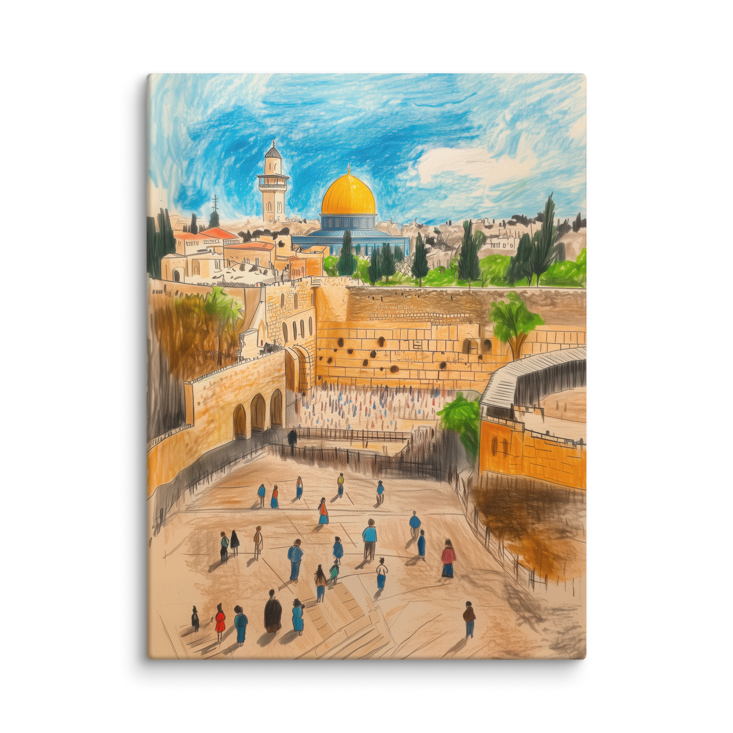 A colorful and lively drawing of the Kotel, full of crayon strokes and vibrant energy, evoking a joyful and spiritual connection to this sacred place.