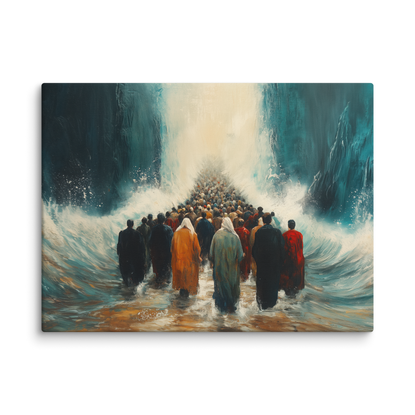 A stunning Jewish artwork capturing the miraculous moment of the Jewish people walking through the Red Sea, evoking awe and courage.