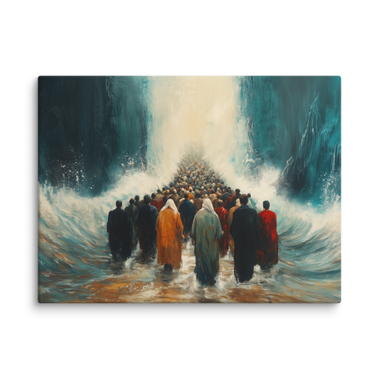 A stunning Jewish artwork capturing the miraculous moment of the Jewish people walking through the Red Sea, evoking awe and courage.