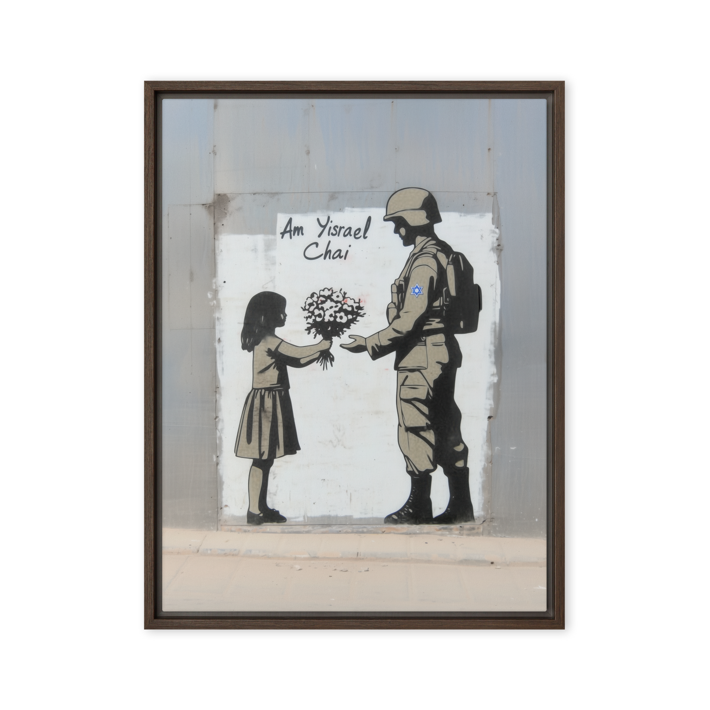 A powerful and thought-provoking Banksy-style artwork capturing the intersection of strength and kindness in a moment of vulnerability between a soldier and a young girl.
