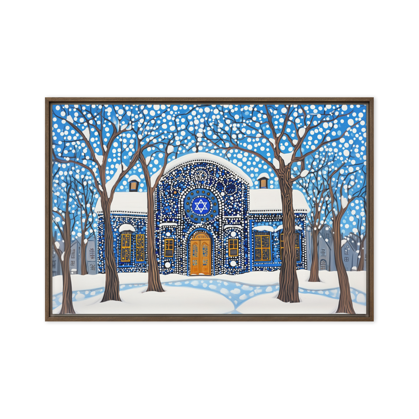 A stunning Judaica artwork portraying a synagogue in snowfall, symbolizing peace, faith, and continuity.