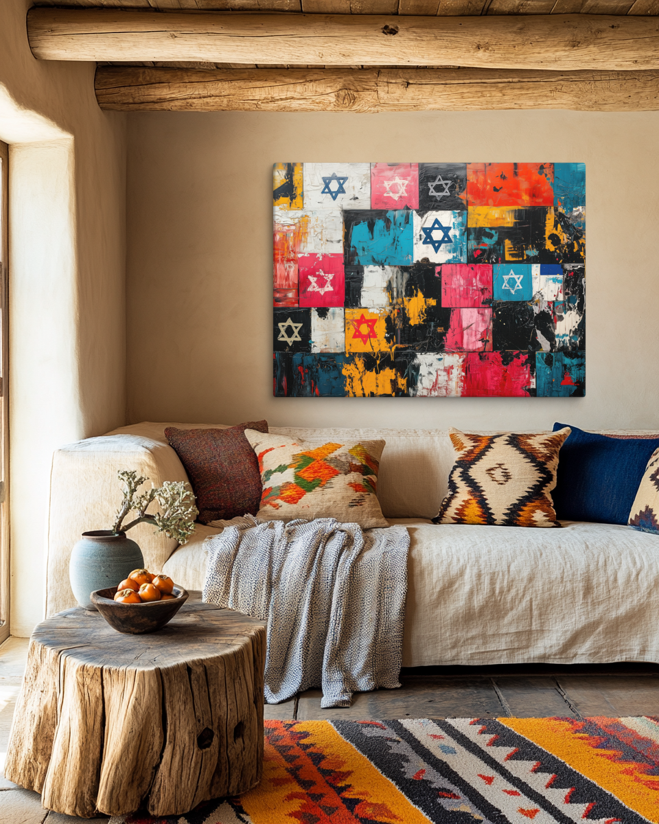 A vibrant fusion of texture and color, featuring bold, graffiti-inspired Stars of David on a canvas evoking the spirit of Jerusalem stone.