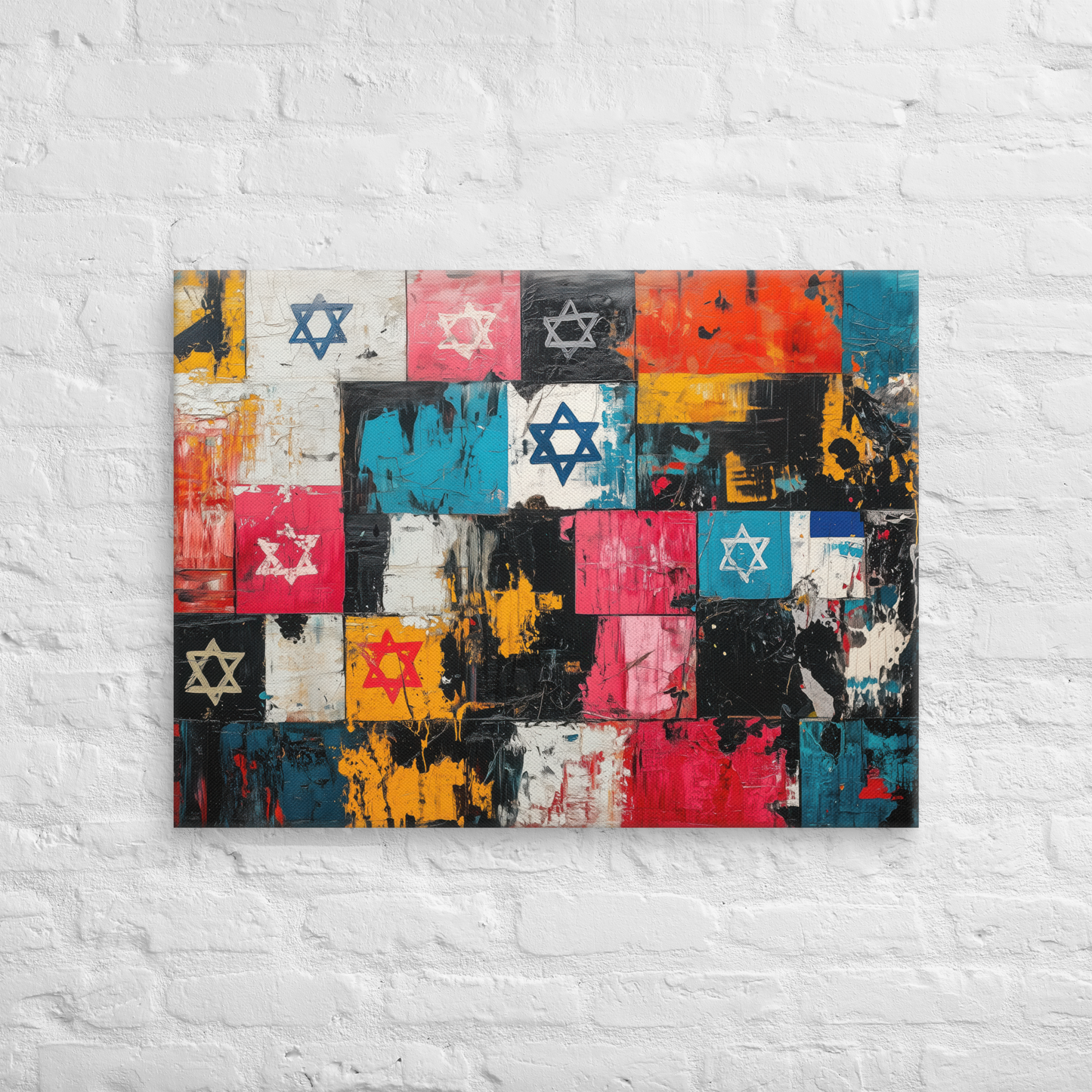 A bold abstract artwork featuring vibrant Stars of David set against textured layers resembling Jerusalem stone, capturing a timeless Jewish identity.