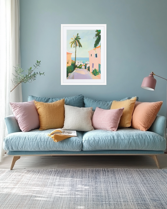 A pastel-toned artwork capturing Tel Aviv’s charm, depicting a quiet street sloping toward the sea with vibrant hues and expressive brushstrokes.