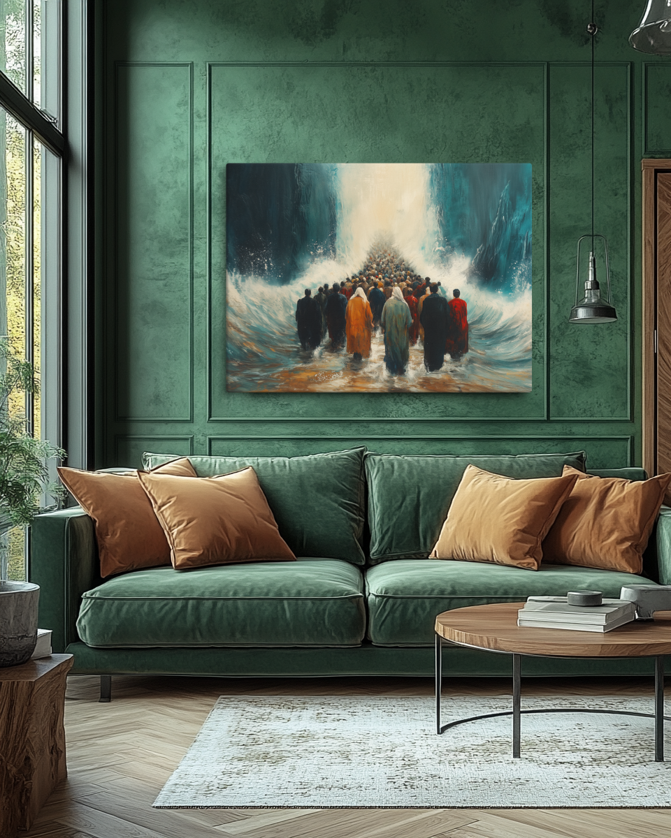 A vibrant depiction of the Jewish people walking through the parted sea, showcasing their resilience and faith during a momentous biblical journey.