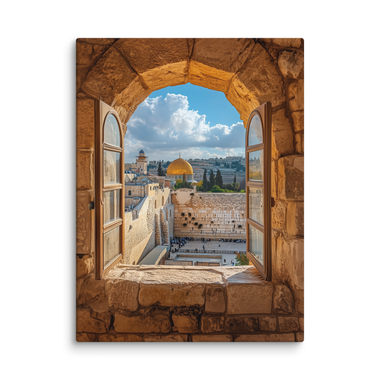 A spiritual and elegant depiction of the Western Wall through a historic stone arch, symbolizing faith across generations.