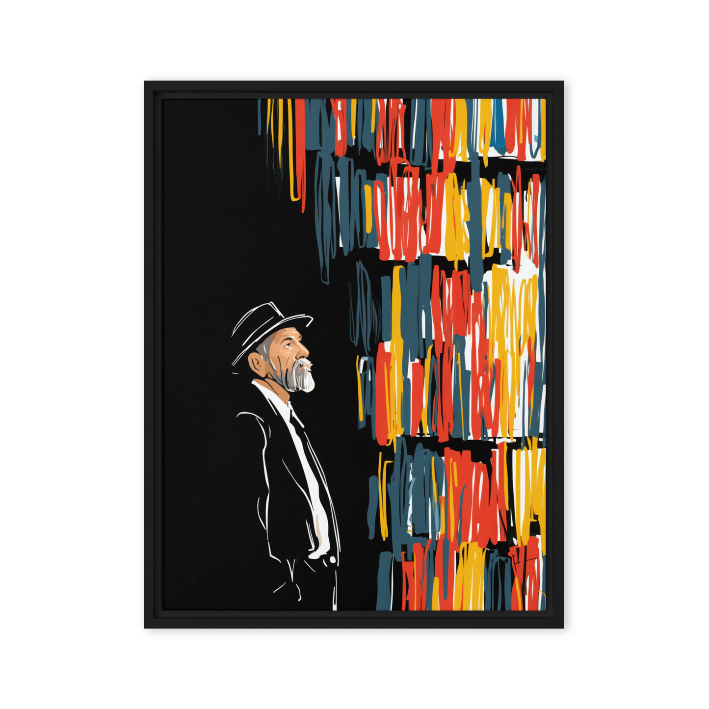 A rabbi stands in his home study at night, artwork, minimal illustration.