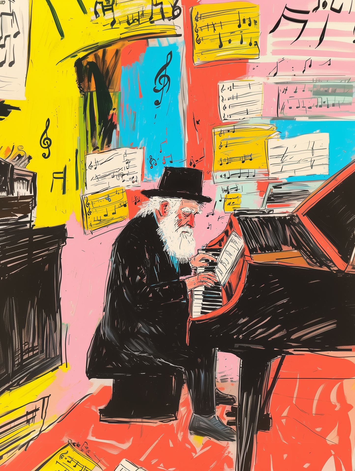 A colorful, expressive painting of a Hasidic rabbi at the piano, perfect for Jewish home decor and lovers of spiritual music art.