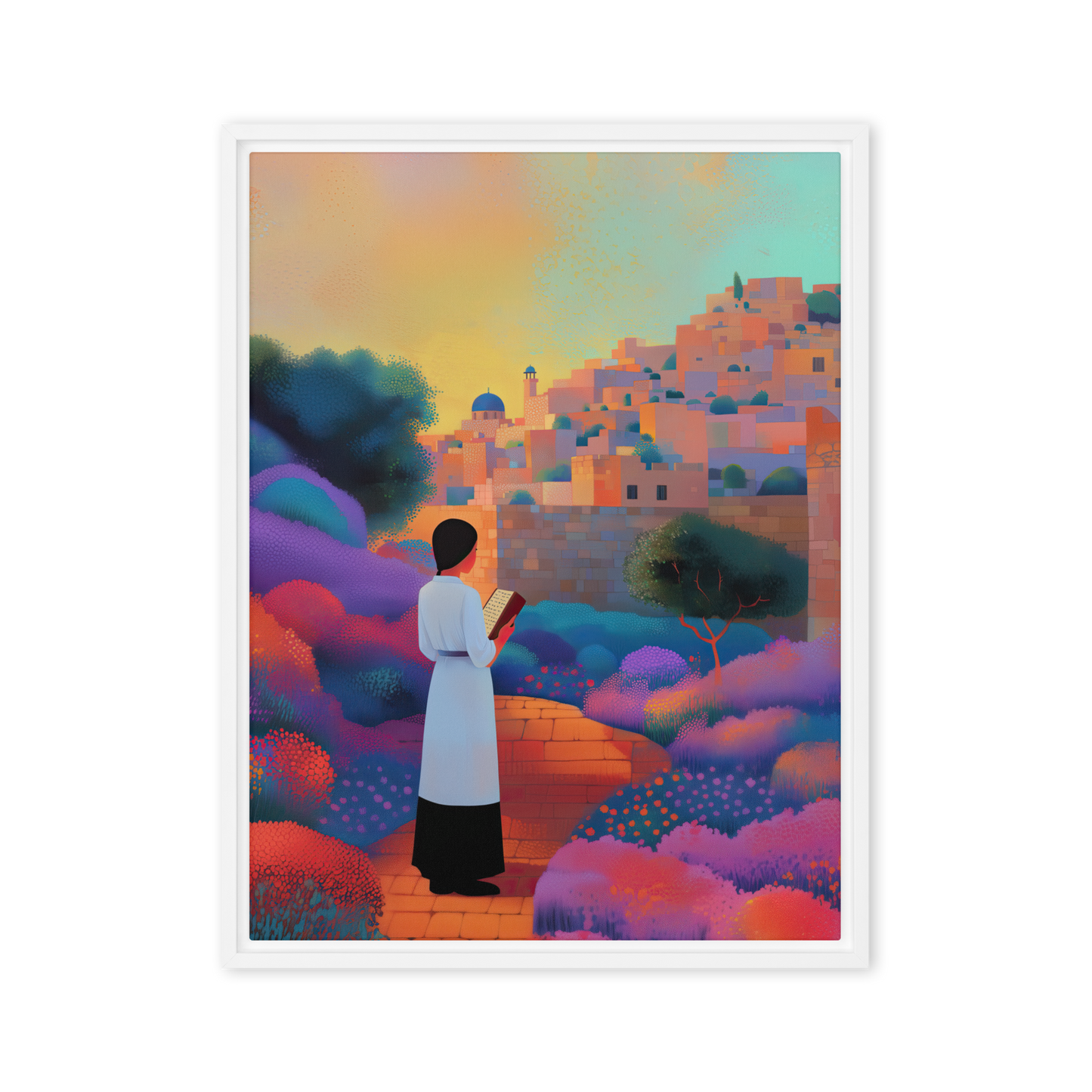 A stunning pointillist piece showing a Jewish woman in prayer, surrounded by the vibrant colors of nature, facing the Kotel.