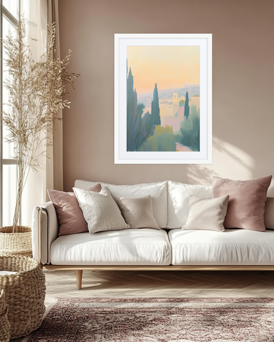 A serene Israeli landscape painting featuring soft pastel tones, capturing the tranquil beauty of a hillside view framed by trees.