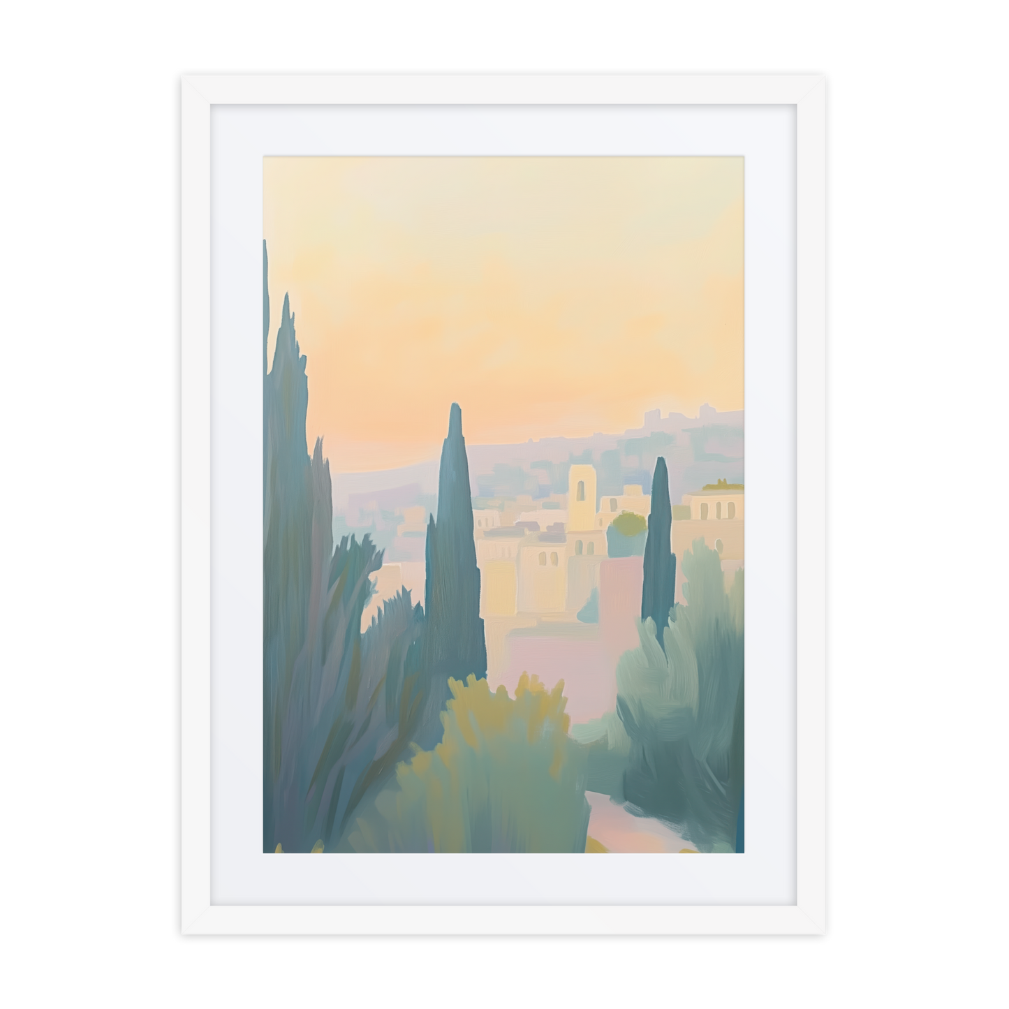 A peaceful Israeli hillside scene painted in modern acrylic-style with soft pastel tones, showcasing the serene beauty of nature.