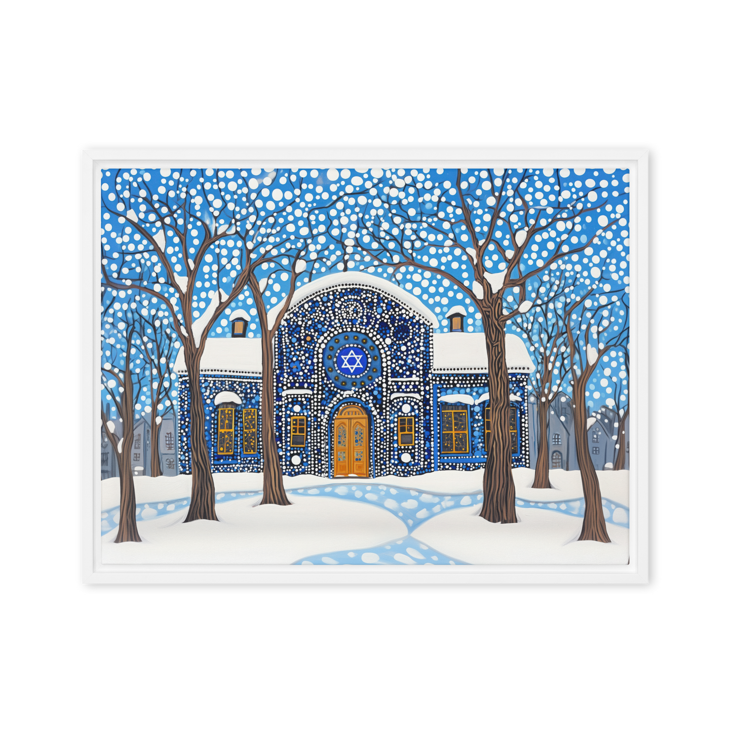 A beautifully detailed artwork of a synagogue in the heart of winter, capturing the magic of snow and faith.