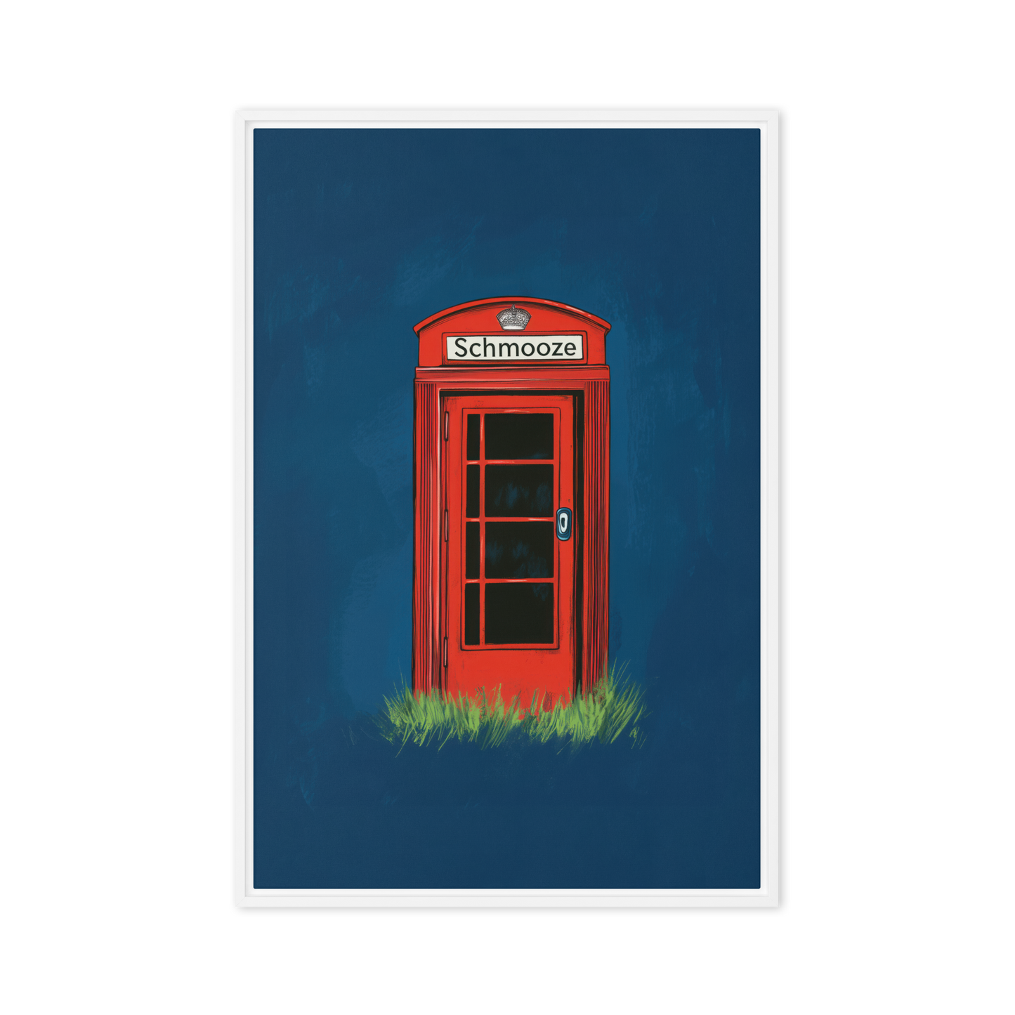 A minimalist Jewish art piece featuring a red phone booth with the Yiddish word "Schmooze," offering a playful take on Jewish culture and nostalgia.