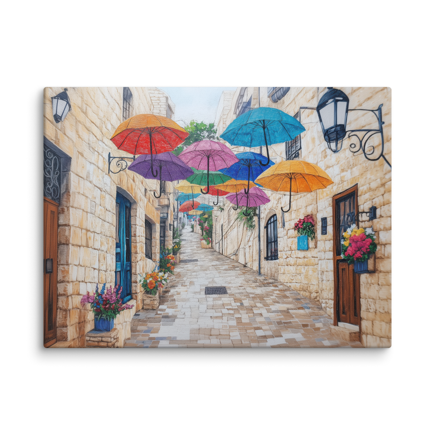 A textured, artistic interpretation of Jerusalem’s iconic Yoel Moshe Salomon Street, featuring floating umbrellas and old-world charm.