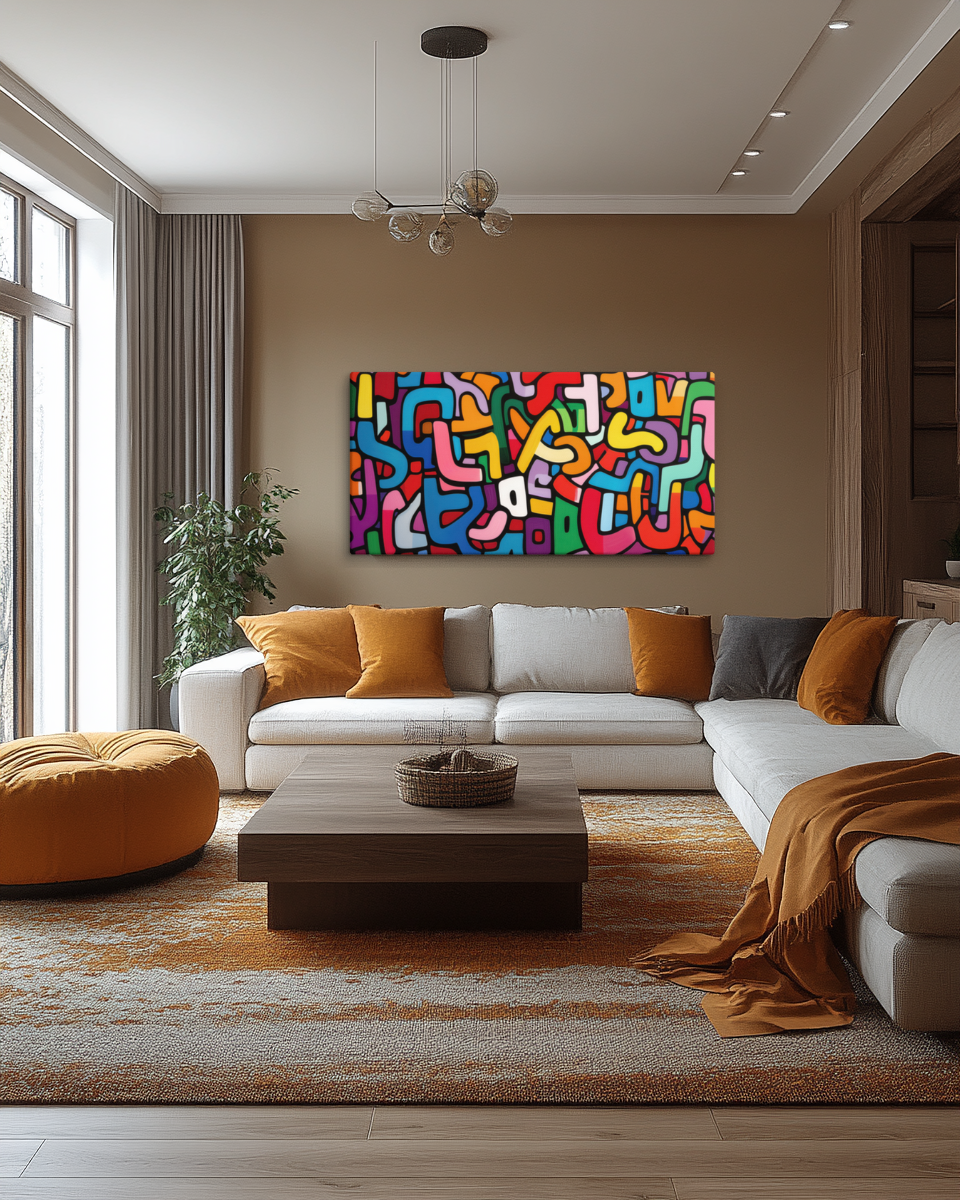 Contemporary Jewish typography art with a playful jumble of the Aleph Beis in bright hues.