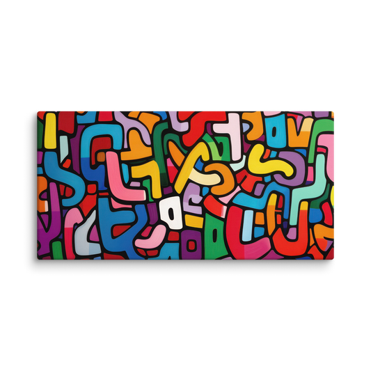 Aleph Beis Jumble brings a burst of vibrant energy to your space with this dynamic composition inspired by the Hebrew Aleph Beis.