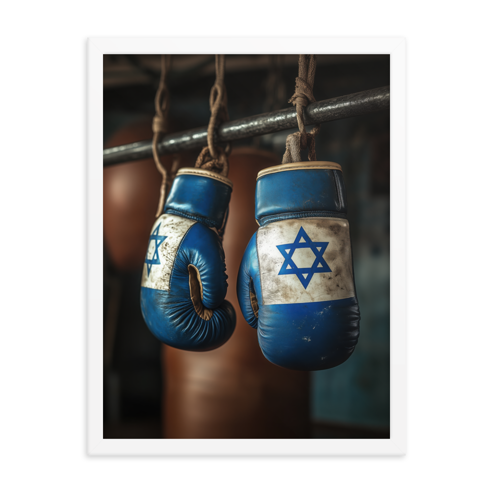Fists of Faith artwork print in white frame.