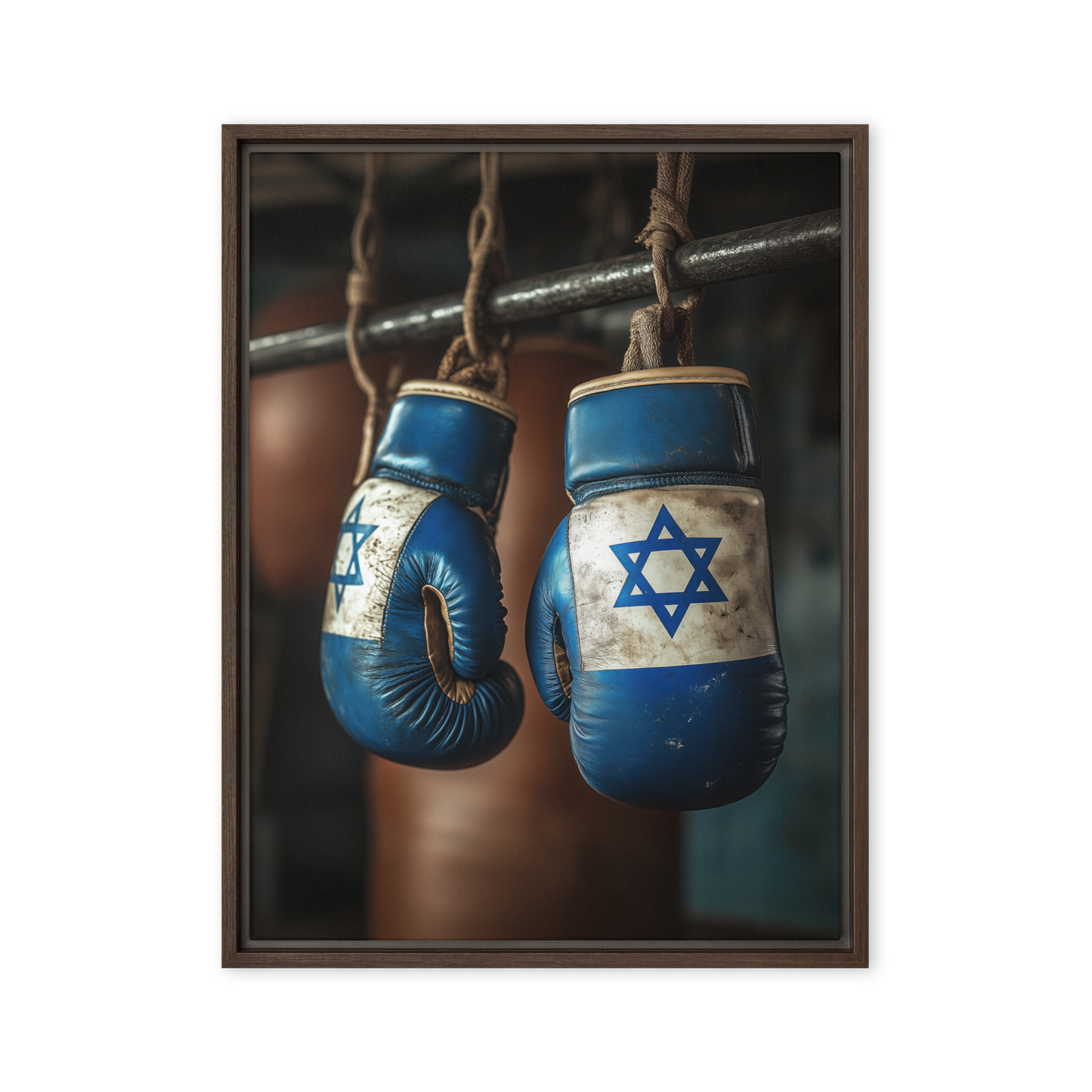 A compelling modern Jewish artwork showcasing boxing gloves wrapped in a Star of David, symbolizing resilience and unwavering faith.