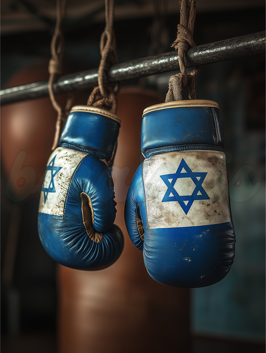 Bold artwork featuring boxing gloves wrapped with a Star of David, symbolizing Jewish strength.