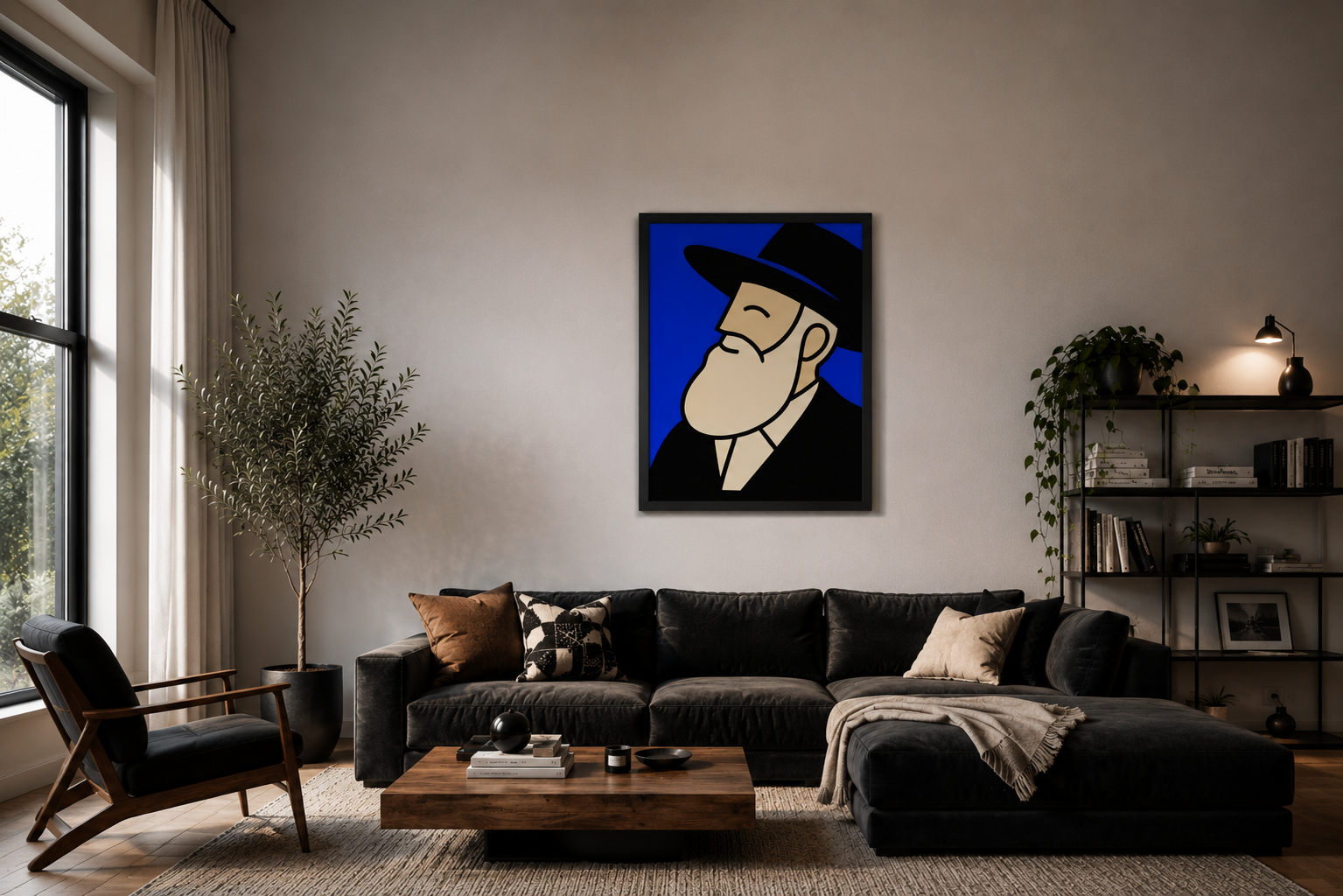 A framed pop-art style portrait print of a man in a black hat and white beard on a blue background, displayed above a dark sectional sofa in a modern living room.