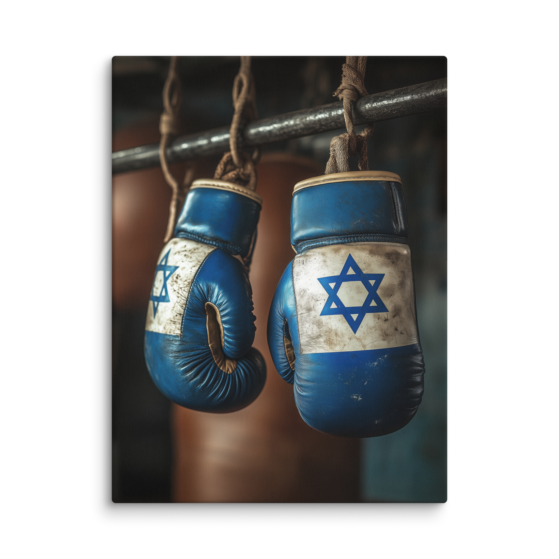 Modern Jewish artwork merging sports and spirituality—boxing gloves featuring the Star of David.