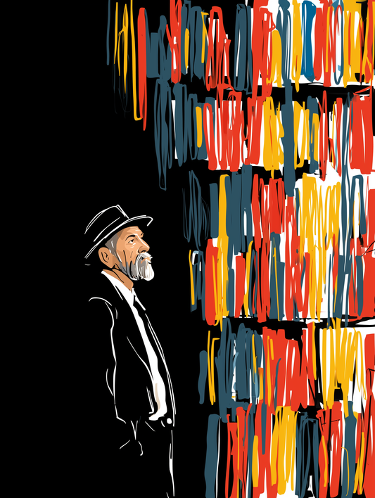 Modern jewish art by Beraishis featuring a rabbi in his library at night.
