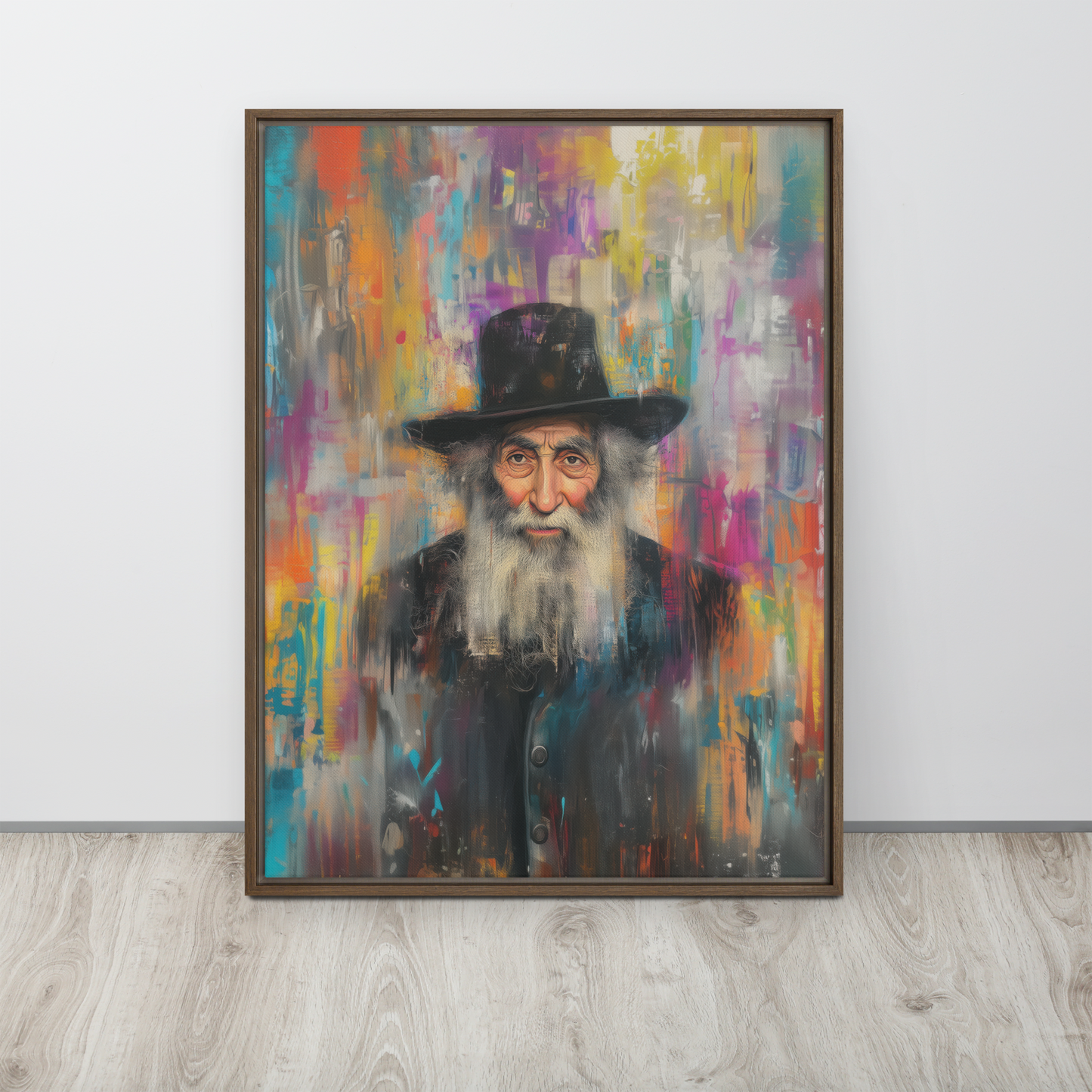 A dynamic Jewish art print depicting an elderly rabbi in deep thought, surrounded by expressive, colorful brushstrokes symbolizing wisdom and movement.
