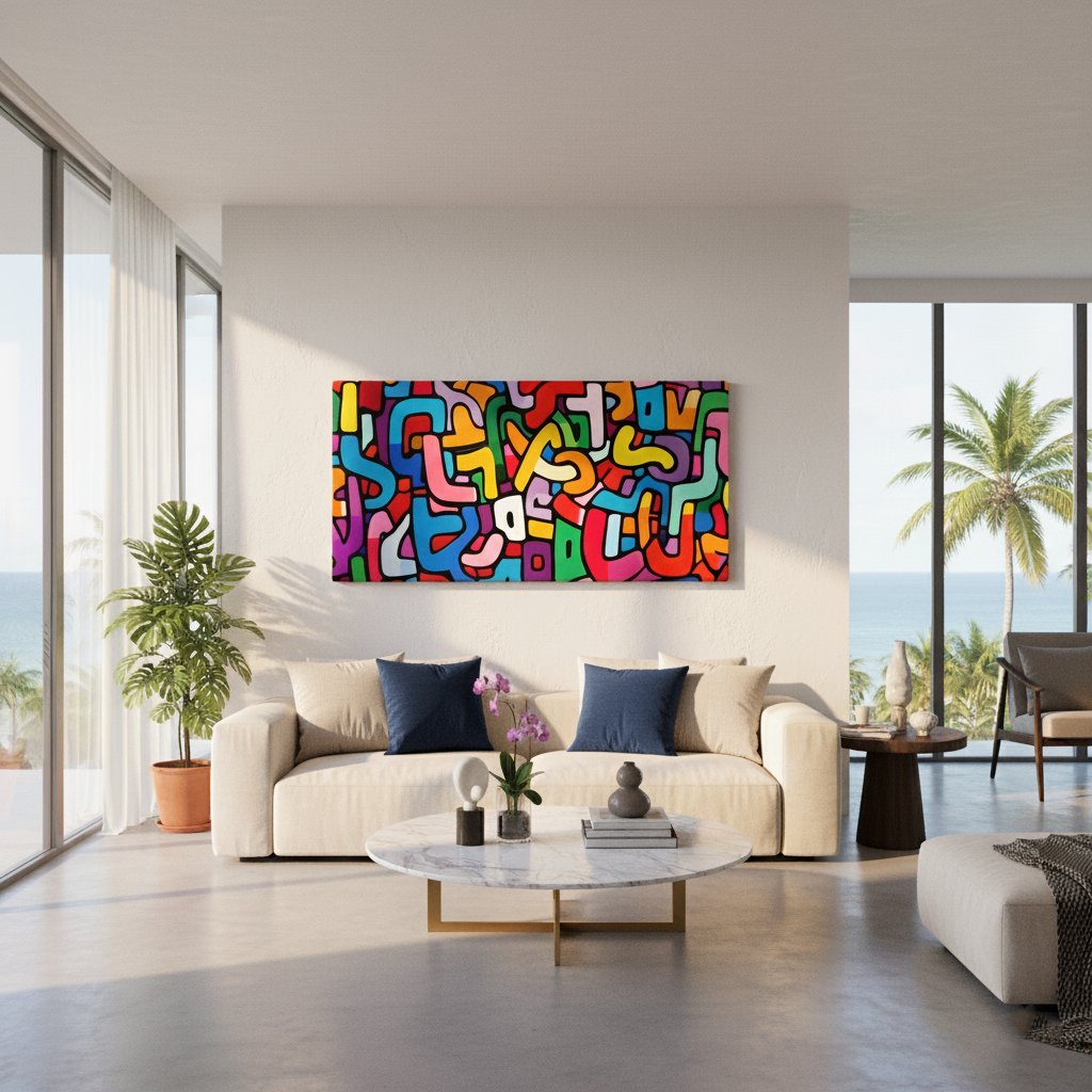 Vibrant Hebrew alphabet wall art featuring colorful jumbled Aleph Beis letters in modern Jewish home decor style
