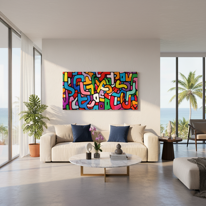 Vibrant Hebrew alphabet wall art featuring colorful jumbled Aleph Beis letters in modern Jewish home decor style
