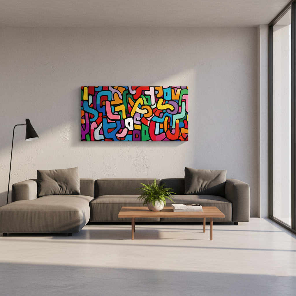 Modern Jewish canvas print with playful Hebrew letter design - Aleph Beis Jumble by Beraishis