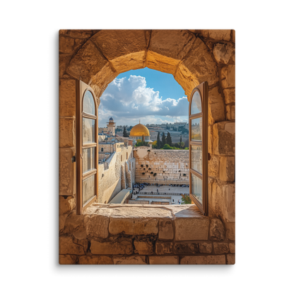 An evocative piece portraying a historic Jerusalem window that opens to the sacred view of the Western Wall.