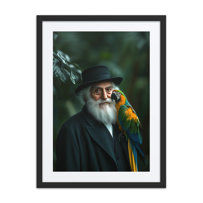 A digital art print of a rabbi and a parrot in a rainforest.