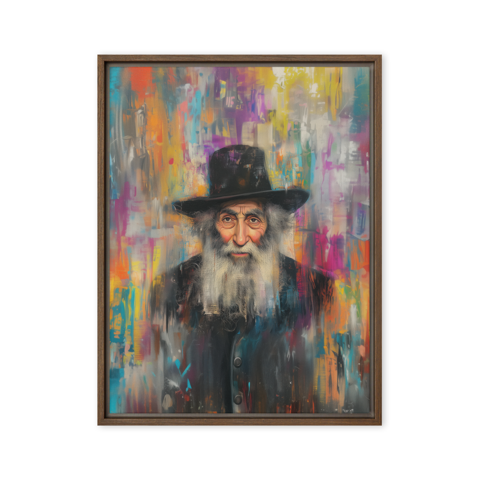 A fusion of tradition and modernity, this Jewish portrait art reimagines a rabbi in vivid abstract strokes and a neon-infused color palette.