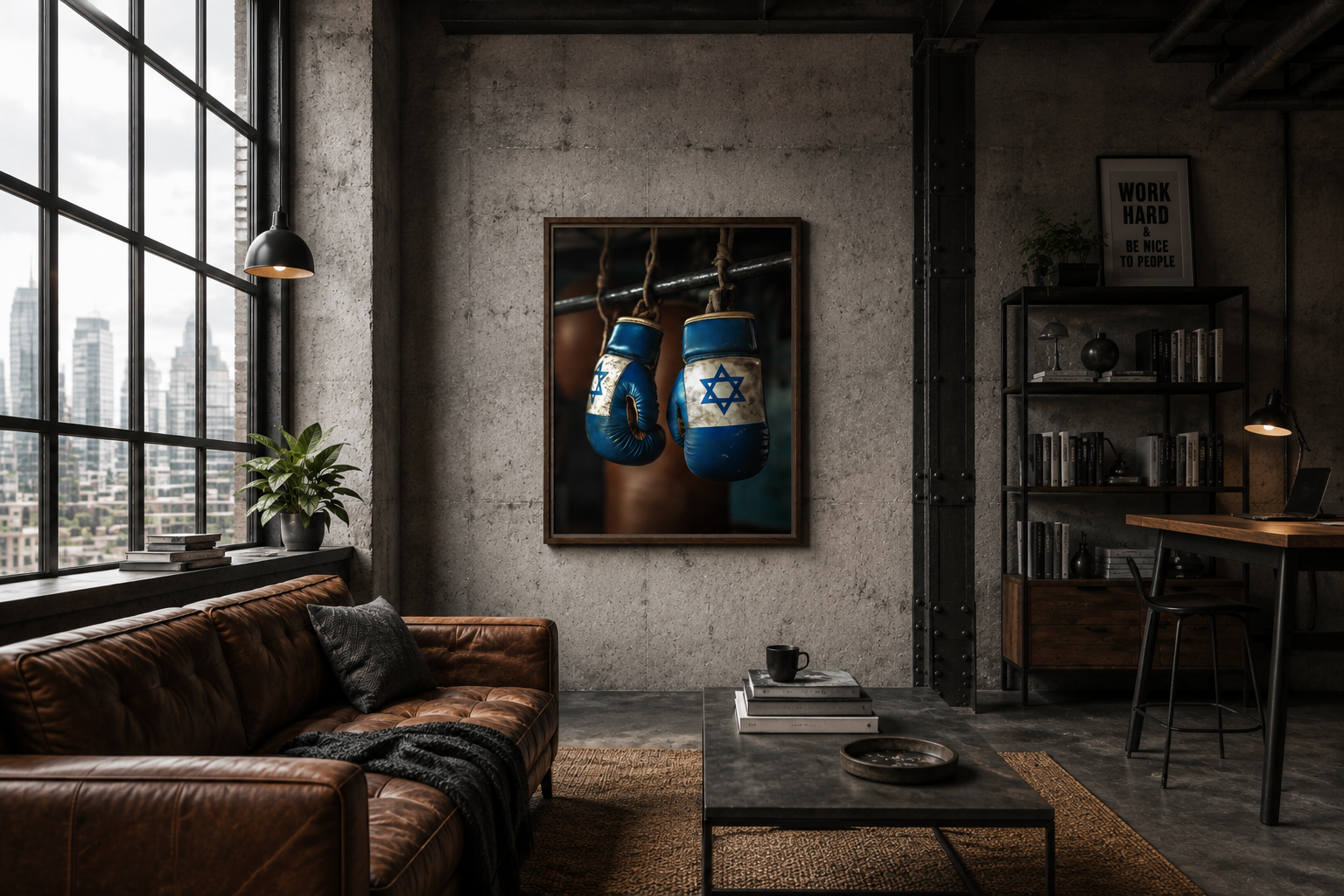 A framed wall art print depicting two blue boxing gloves with a Star of David, displayed in a modern industrial loft living room with a brown leather sofa, concrete walls, and a coffee table.