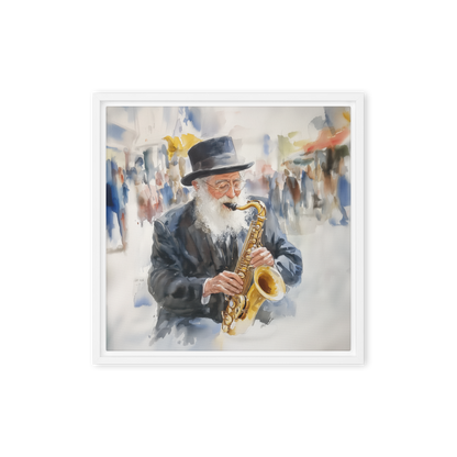 A dynamic watercolor Jewish painting depicting a rabbi playing the trumpet, blending music, faith, and artistry.