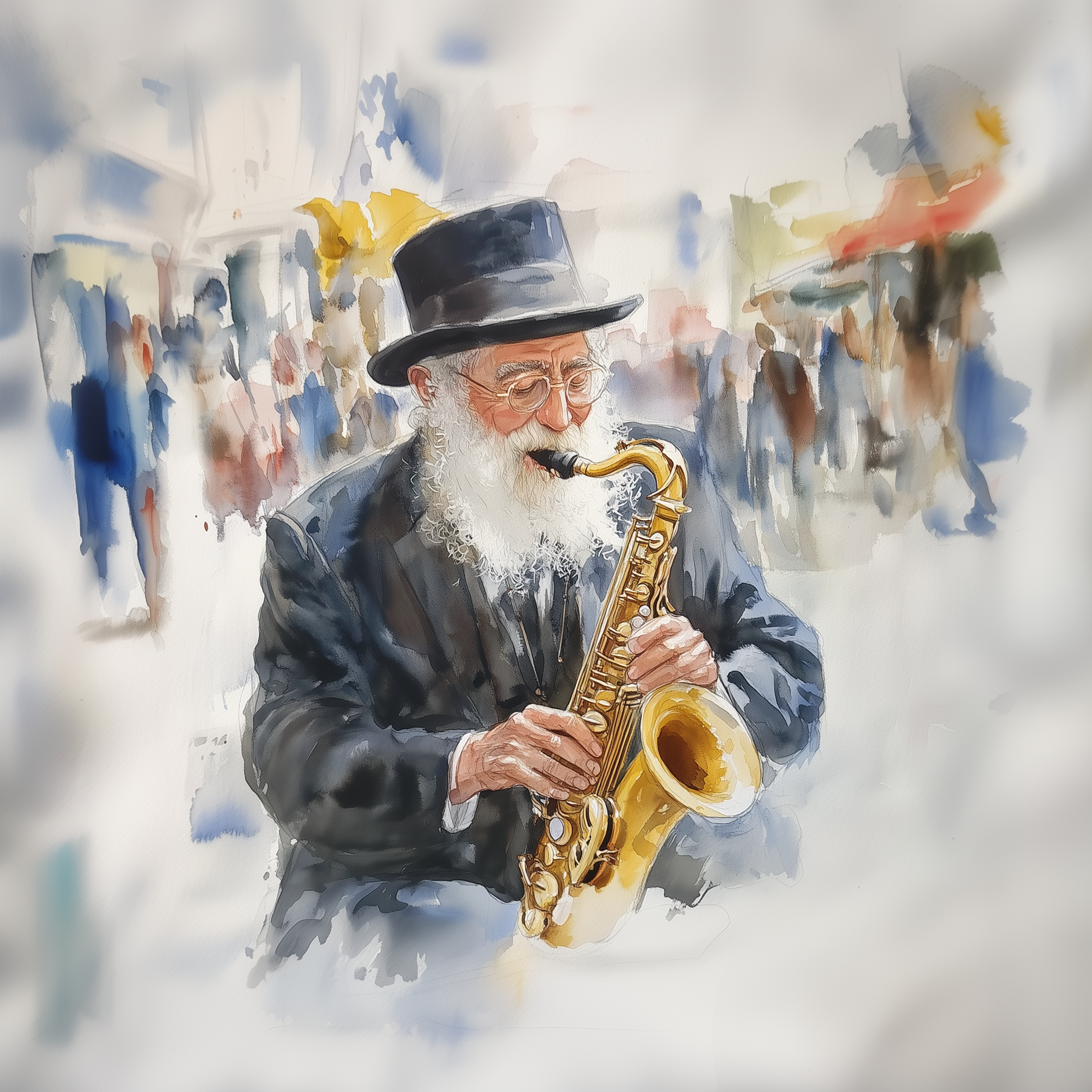 A stunning Jewish watercolor painting titled "Golden Chords," featuring a rabbi playing the trumpet, symbolizing music and spirituality.

