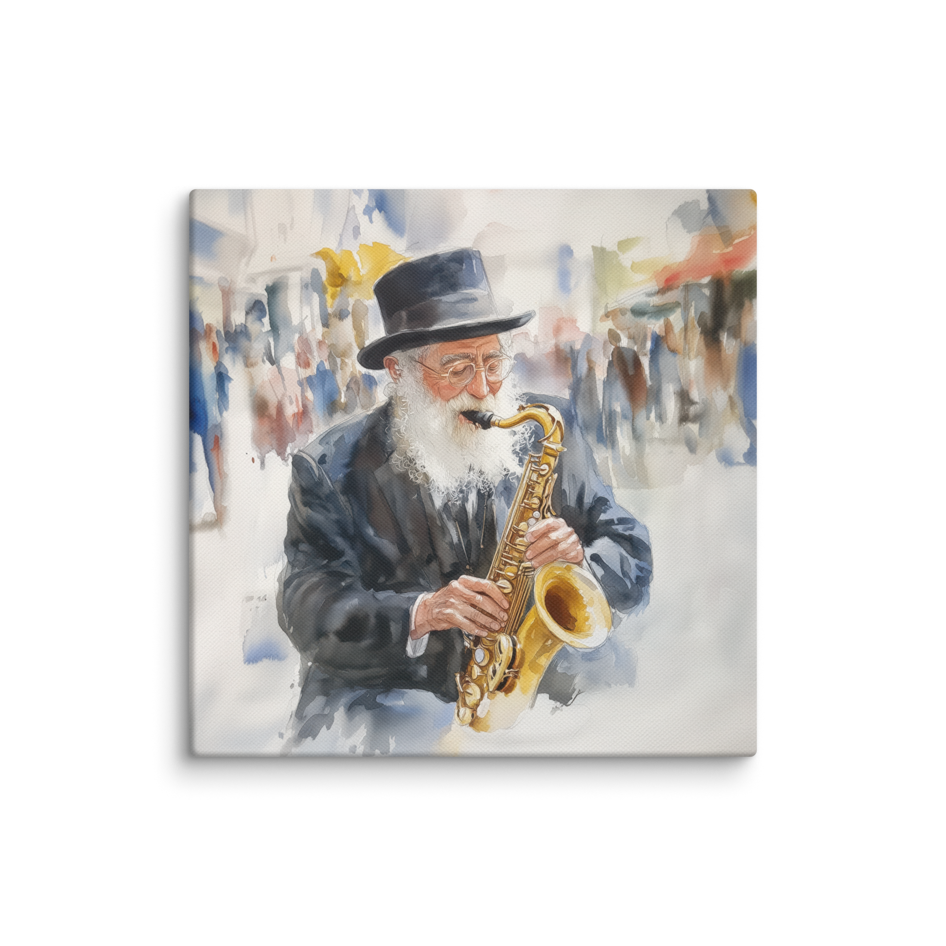 A mesmerizing Jewish watercolor artwork titled "Golden Chords," showcasing a rabbi deeply immersed in playing the trumpet.