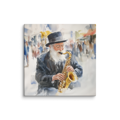 A mesmerizing Jewish watercolor artwork titled "Golden Chords," showcasing a rabbi deeply immersed in playing the trumpet.
