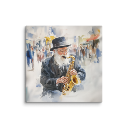 A beautiful Jewish art piece featuring a rabbi playing the trumpet in watercolor style, capturing the harmony of music and faith.

