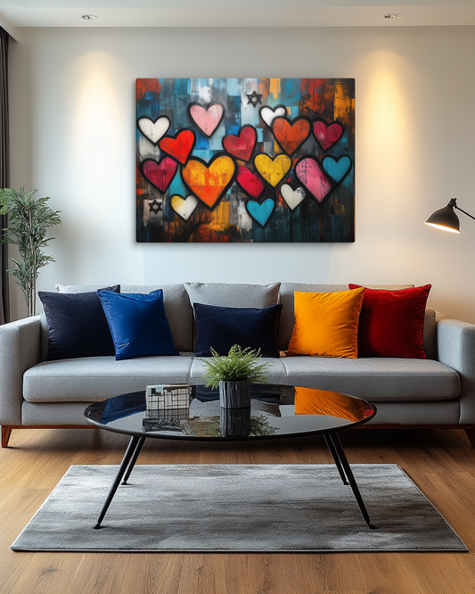 Hearts and Stars is a vibrant abstract piece that blends symbols of love and spirituality into a harmonious composition. The swirling forms of the hearts evoke warmth and connection, while the delicate Stars of David add a layer of sacred significance. 