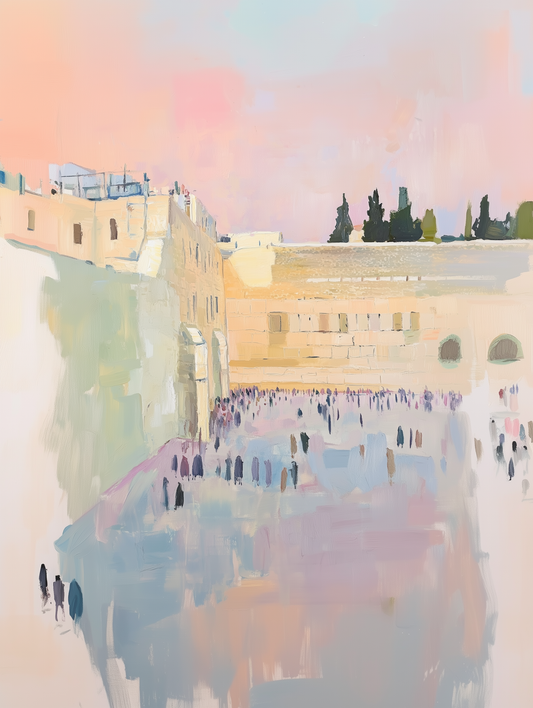 A serene, digitally rendered acrylic-style artwork of the Kotel, blending soft pastel hues to create a modern and spiritual interpretation of the Western Wall.