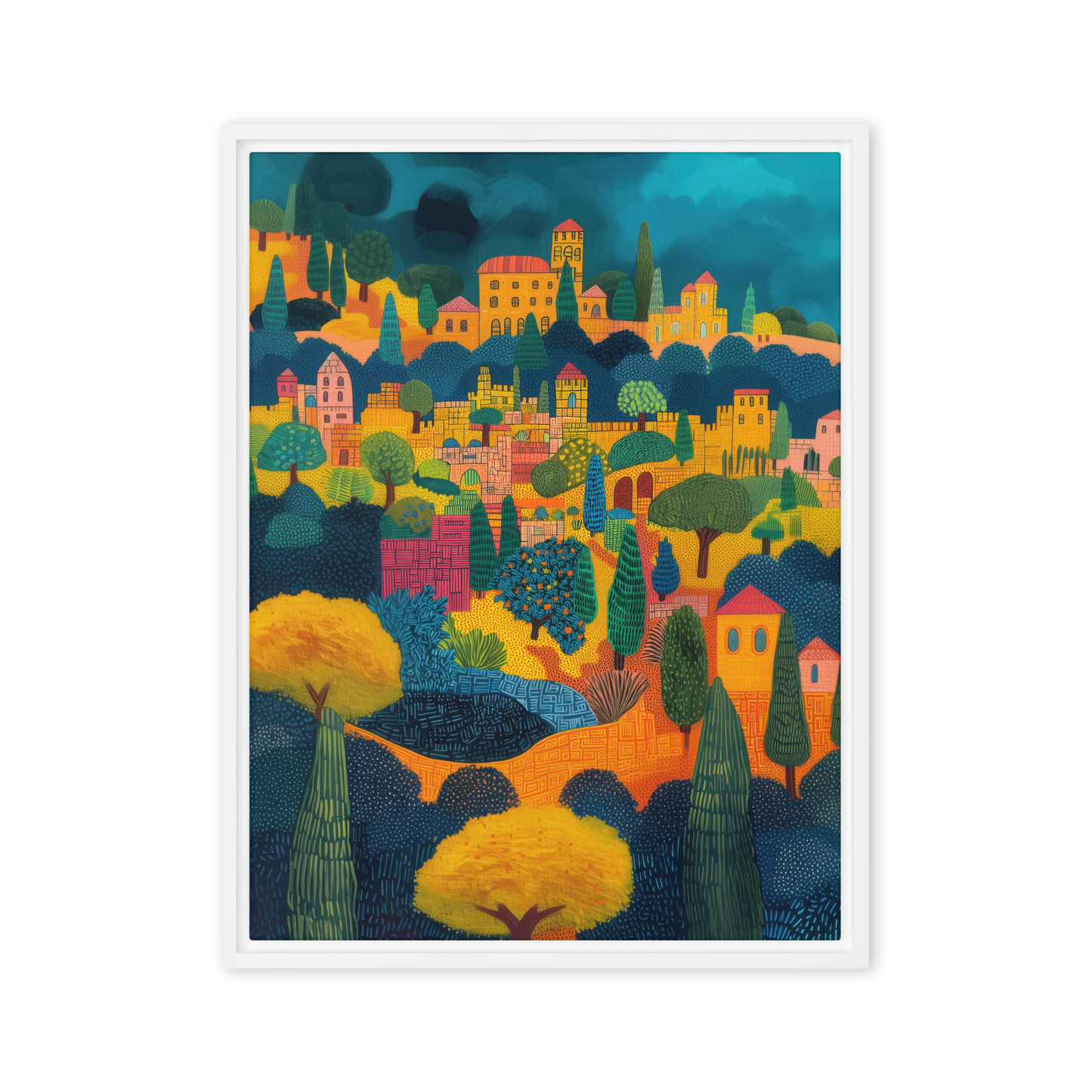 A dreamlike Mediterranean-inspired painting of Israel’s landscapes, showcasing Jerusalem’s timeless charm in bold, modern hues.