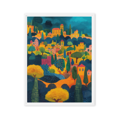 A dreamlike Mediterranean-inspired painting of Israel’s landscapes, showcasing Jerusalem’s timeless charm in bold, modern hues.