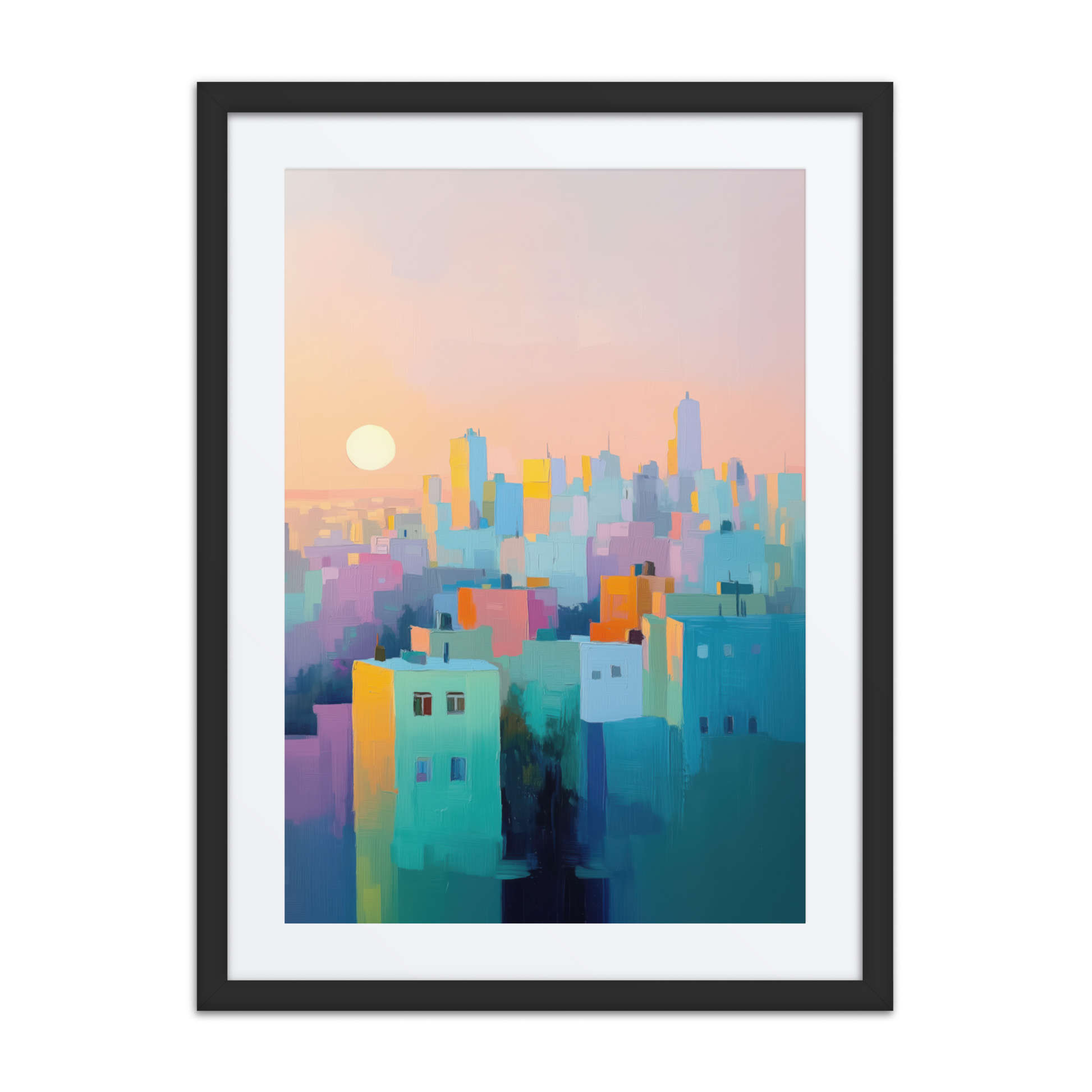 A digitally rendered acrylic painting style print capturing Tel Aviv’s skyline in dreamy pastel tones, blending geometric brushstrokes with serene hues.

