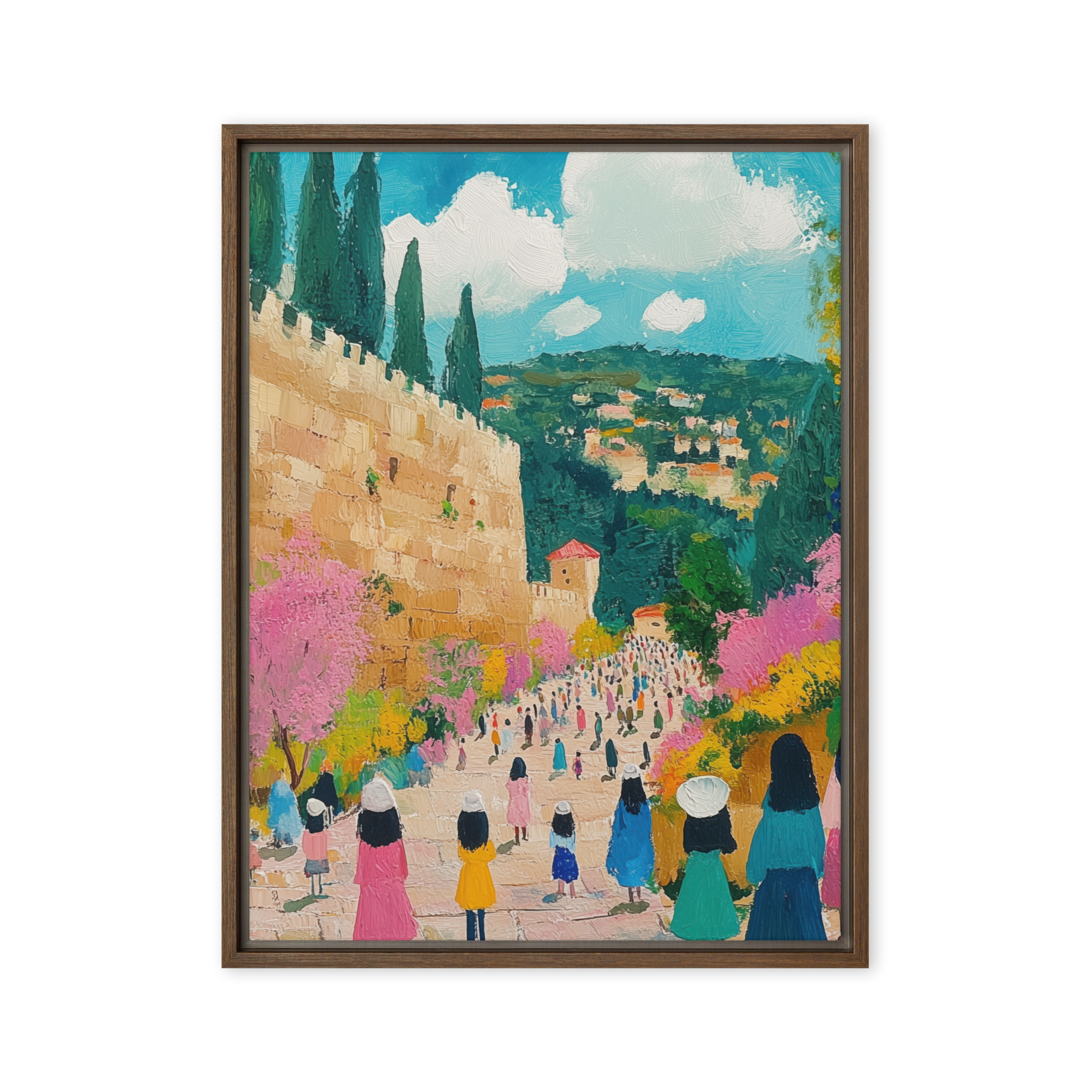 A breathtaking watercolor style digital Jewish art piece portraying women in Jerusalem, evoking modesty, history and faith.

