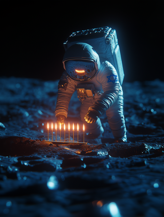 A jewish astronaut lighting menorah on the moon, modern jewish art prints