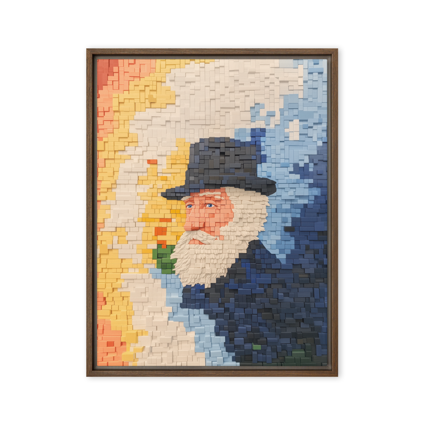 A rabbi portrayed in pixelated block-style digital art, a modern take on Jewish artistic tradition.