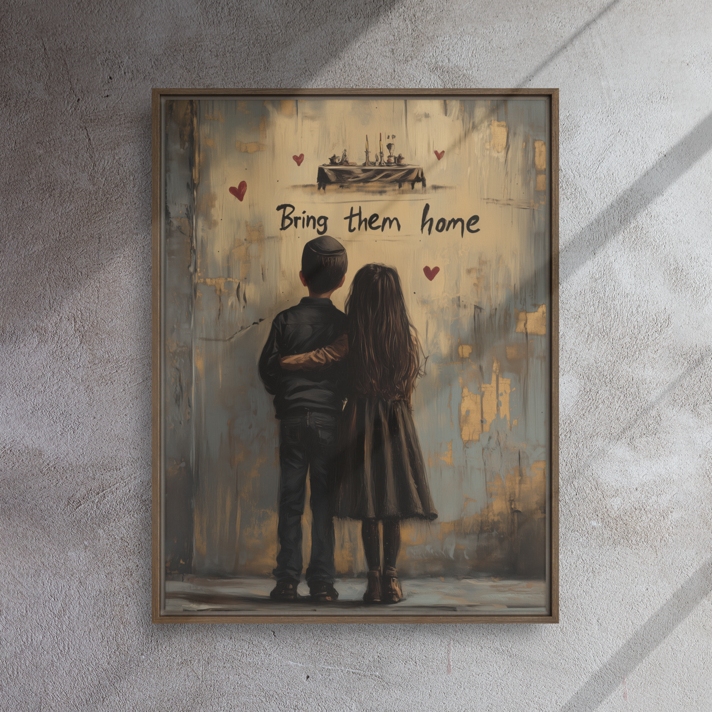 A somber and powerful Jewish artwork, reflecting the October 7th tragedy and the ongoing effort to bring the hostages home.